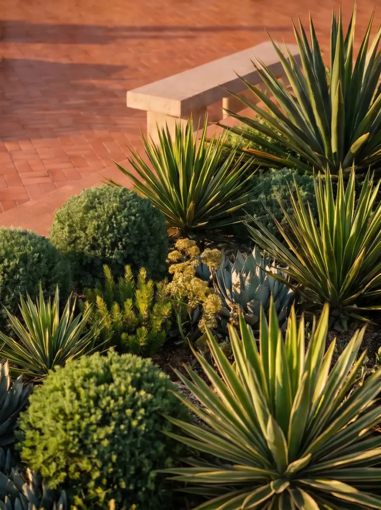 Agave and Mediterranean planting beside a terracotta wall