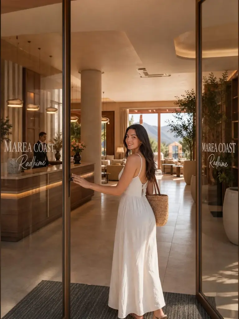 Hotel lobby with the Marea Coast Radhimë sign