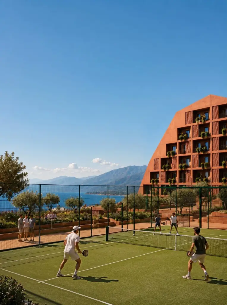 Padel court with the sea and mountains behind