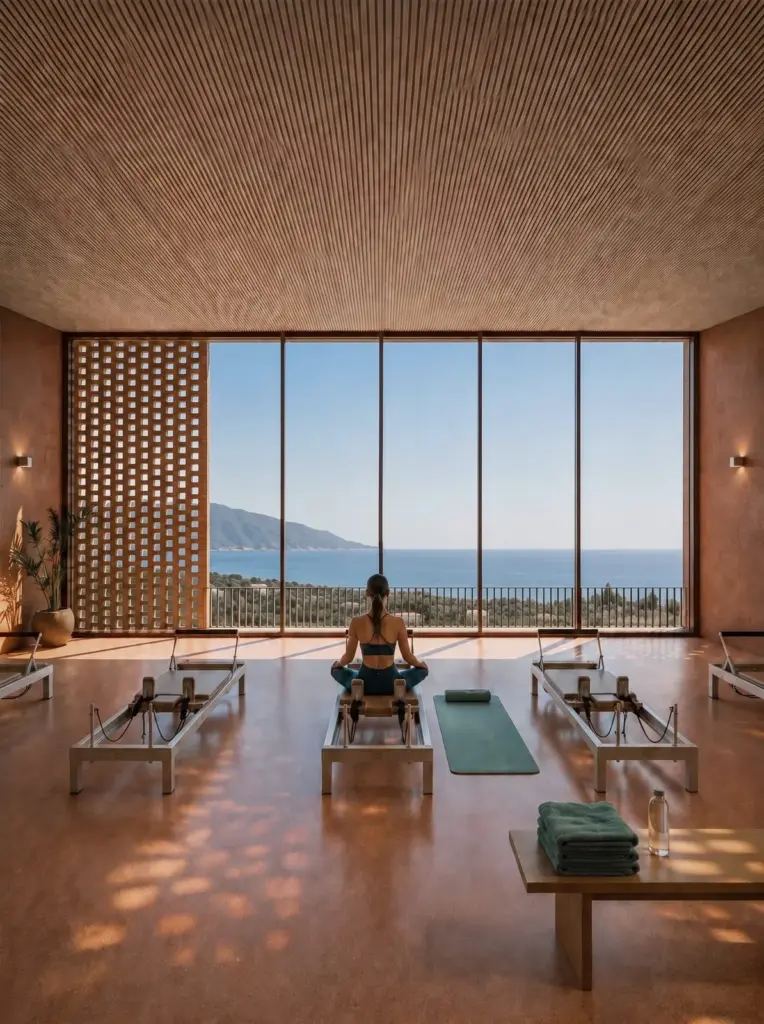 Pilates studio with floor-to-ceiling glazing to the sea
