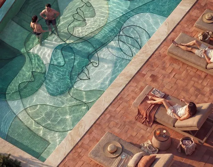 Aerial view of a sculpted mosaic pool with loungers on terracotta paving
