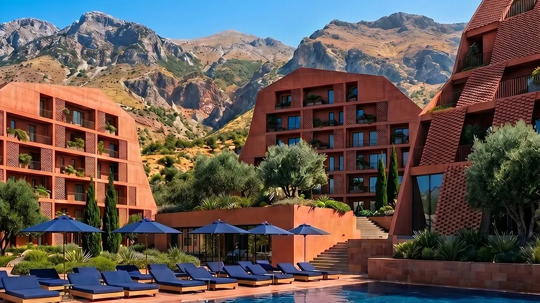 Mosaic pool with loungers, the terracotta buildings and mountains behind