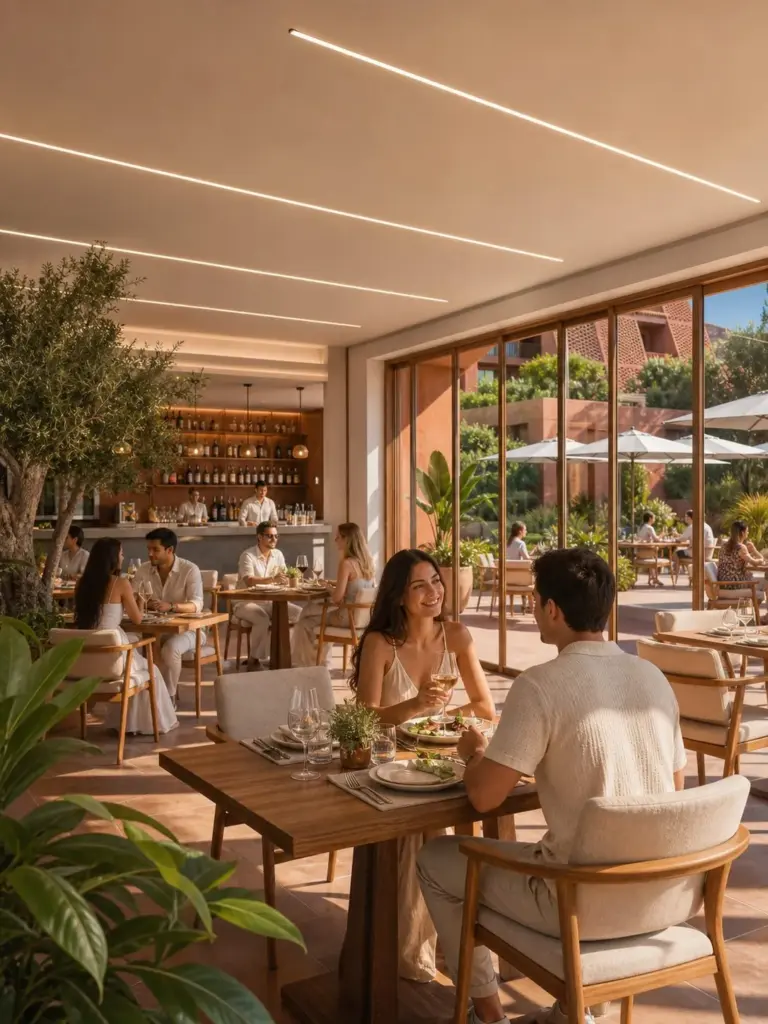 Restaurant interior with guests at a table