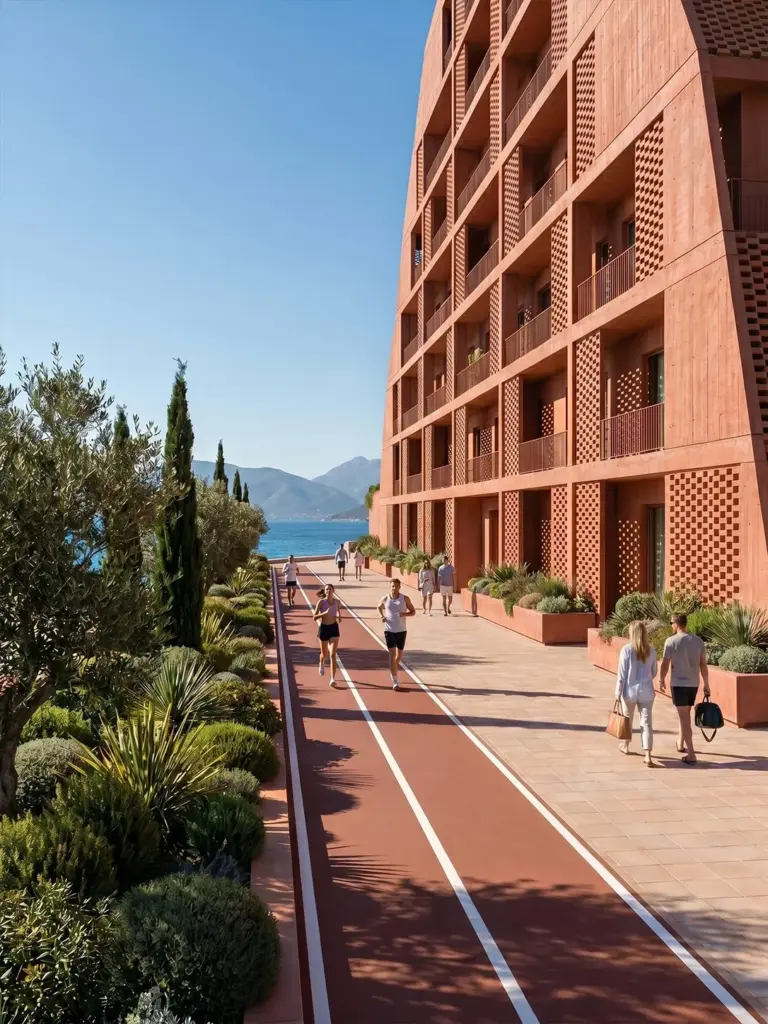 People running on a track beside the terracotta buildings