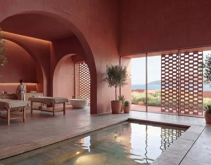 Spa treatment room with terracotta arches and a view to the sea