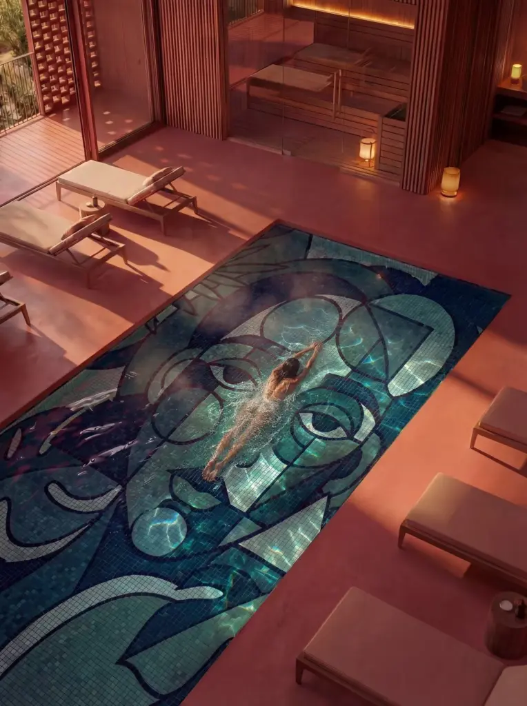 Mosaic spa pool seen from above with a swimmer