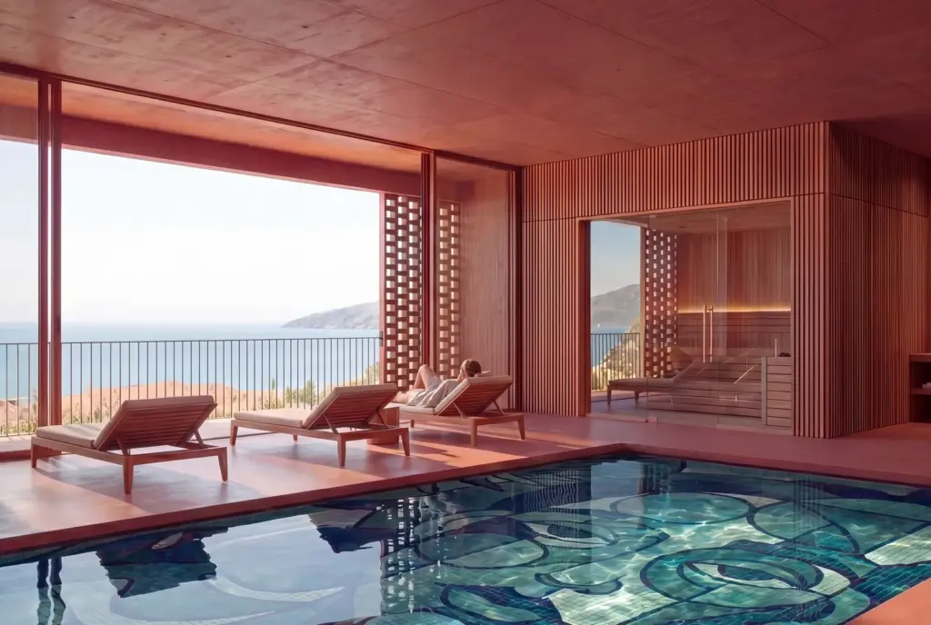 Indoor pool with mosaic tiling, sun loungers and a sauna, opening onto a sea view