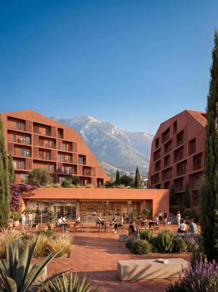 Square between the buildings with people and the mountains behind