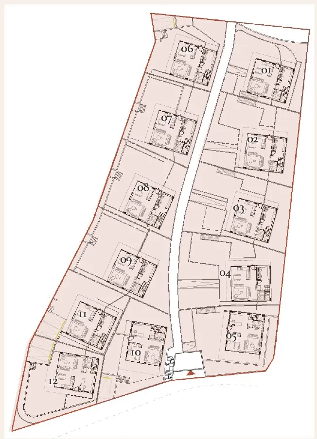 Site plan of the twelve private villas, numbered 01 to 12