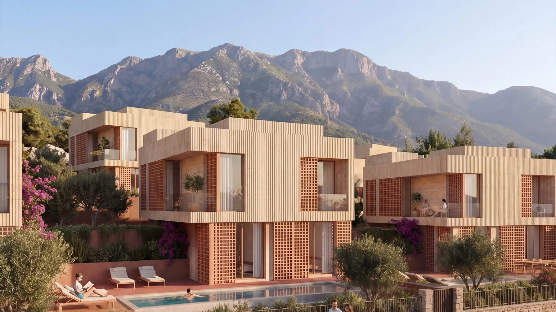 The private villas along their street, mountains behind