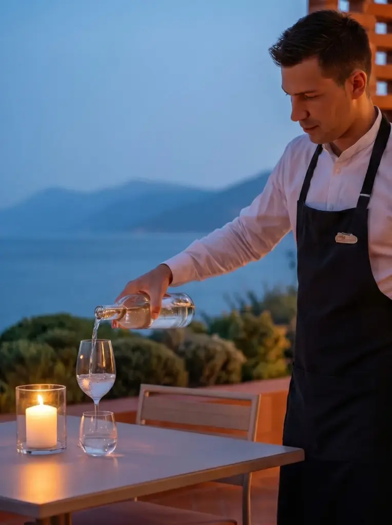 Waiter pouring wine at a terrace table