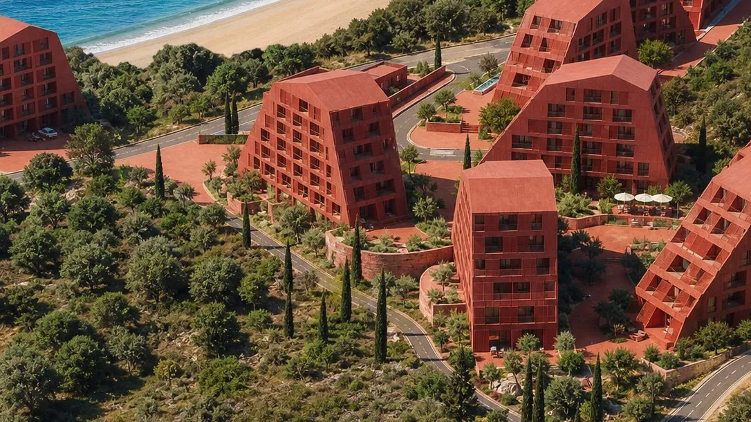 Aerial view of Marea Coast: the residential buildings, the villas and the beach