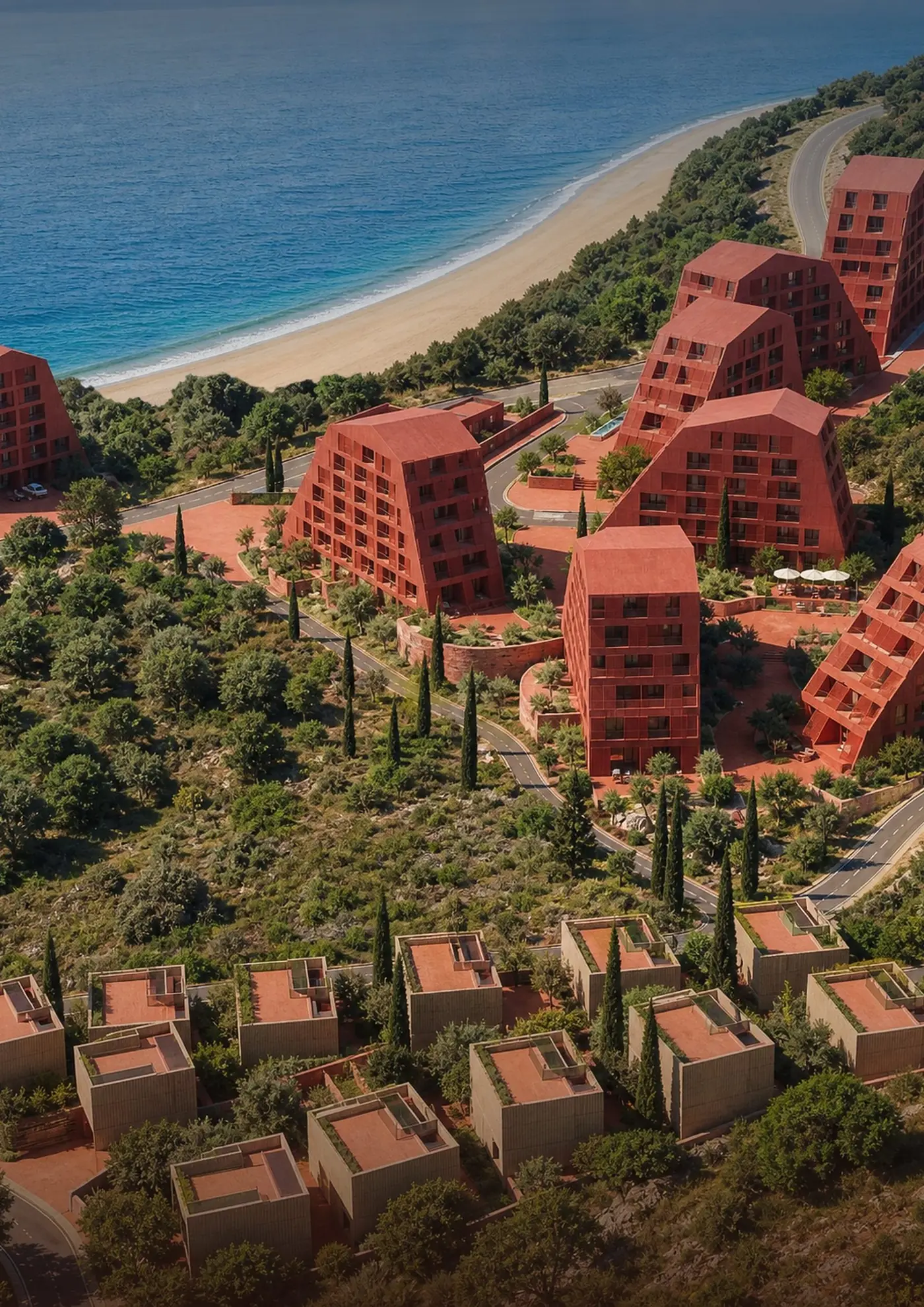 Aerial view of Marea Coast: terracotta apartment buildings and villas above a beach on the Ionian Sea