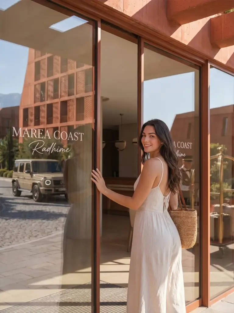 The hotel entrance with the Marea Coast Radhimë sign