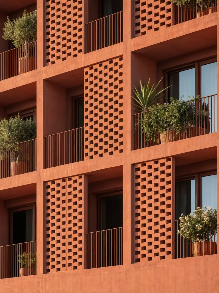 Facade with planted balconies and perforated terracotta panels