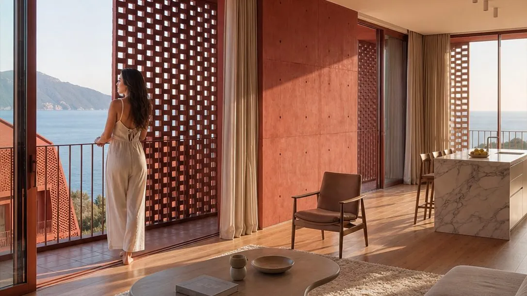 Living room with a perforated terracotta screen, a woman on the terrace and the sea beyond
