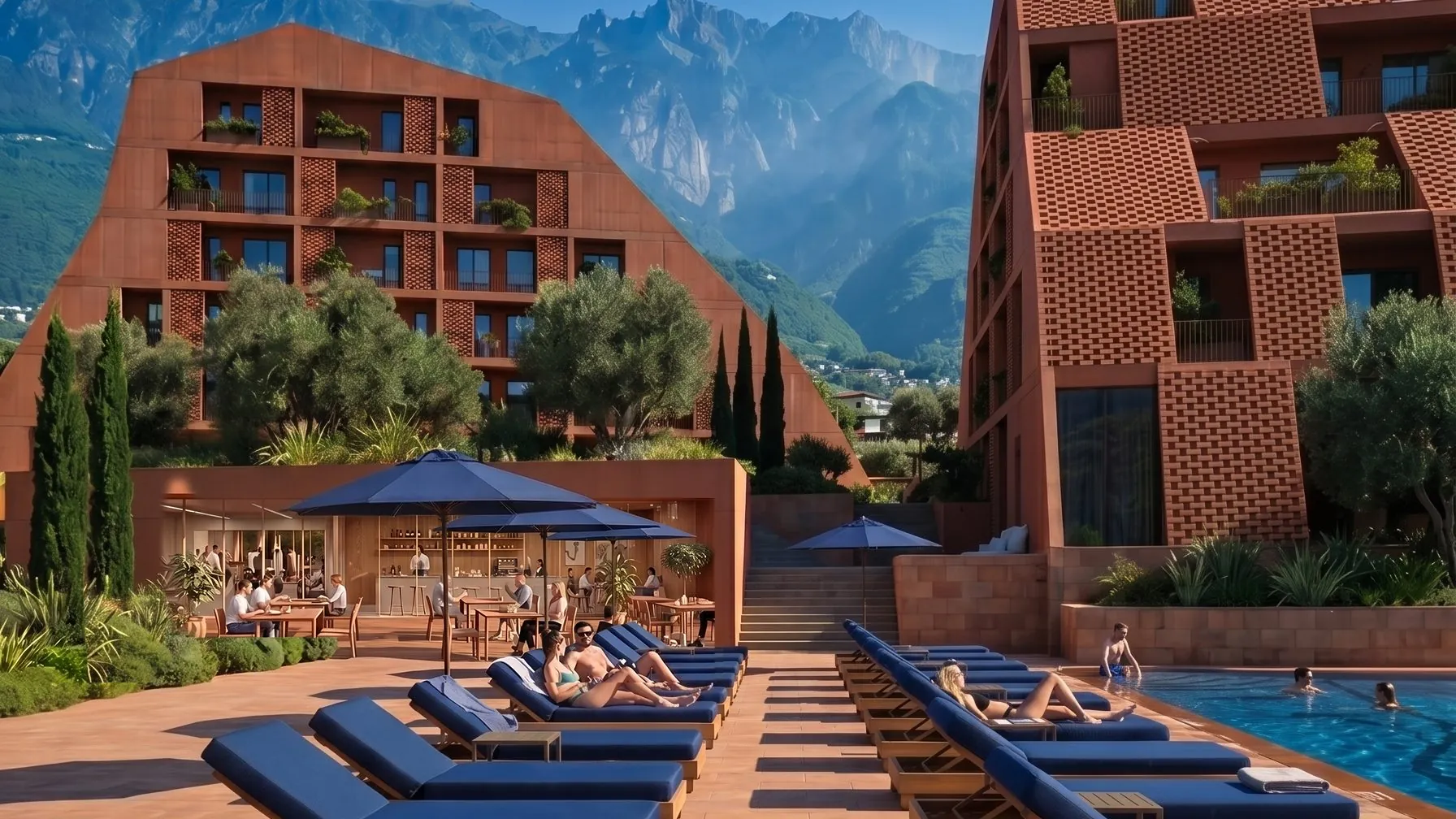 Pool terrace with loungers between the buildings, mountains behind